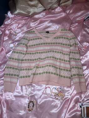 ROMWE Vintage aesthetic Pink and Green Striped V-Neck Knit Long Sleeve Sweater